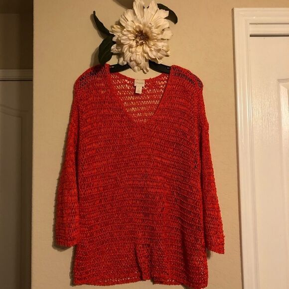 Chico’s orange ribbon yarn sweater sz large - Picture 2 of 10